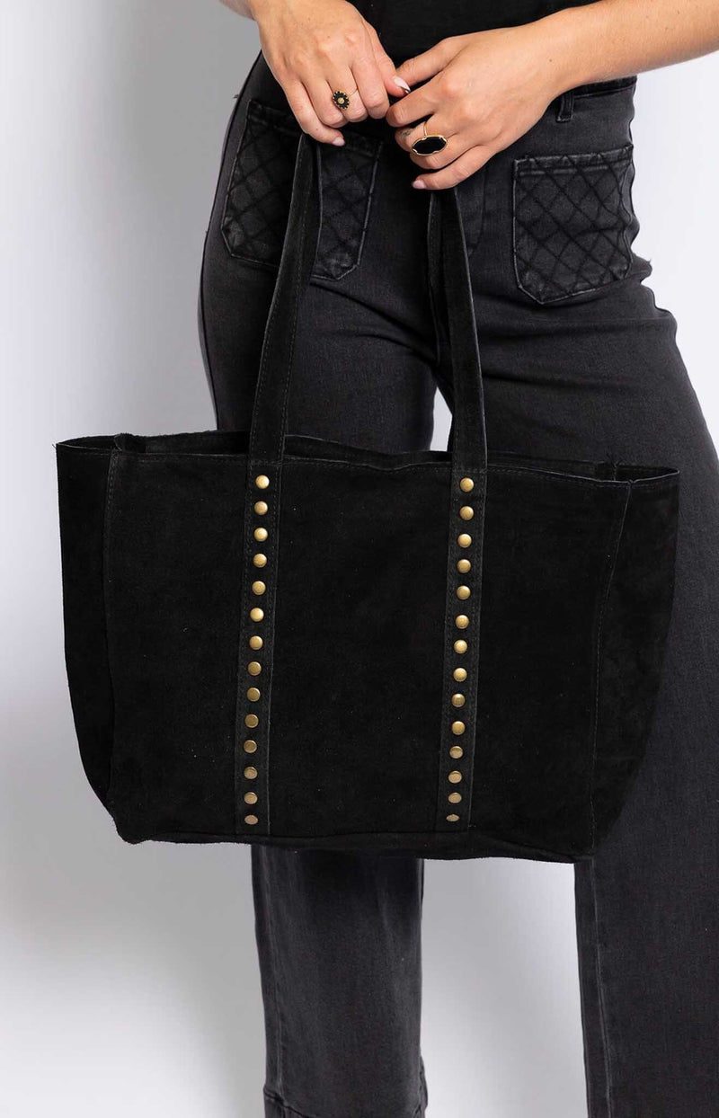 CHIC TOTE BAG LEATHER SUEDE STUDS FRENCH FASHION - VOLANGE PARIS