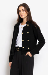 Black textured knit jacket with decorative gold buttons and structured fit – Volange Paris, Parisian fashion in Sydney (Mosman, Paddington and Bronte) or Australia-wide online.