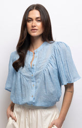 Powder blue cotton blouse with floral embroidery, broderie anglaise, lace inserts and scalloped collar – Volange Paris, Parisian fashion in Sydney (Mosman, Paddington and Bronte) or Australia-wide online.