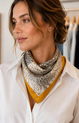 Illustrated triangle scarf with mustard border and silky finish – Volange Paris, Parisian fashion in Sydney (Mosman, Paddington and Bronte) or Australia-wide online.