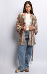 Printed satin-look kimono in pink and green paisley with wide sleeves and open-front design – Parisian elegance by Volange Paris.