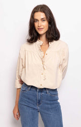 RUFFLE NECKLINE COTTON SHIRT GOLD BUTTONS FRENCH FASHION - VOLANGE PARIS