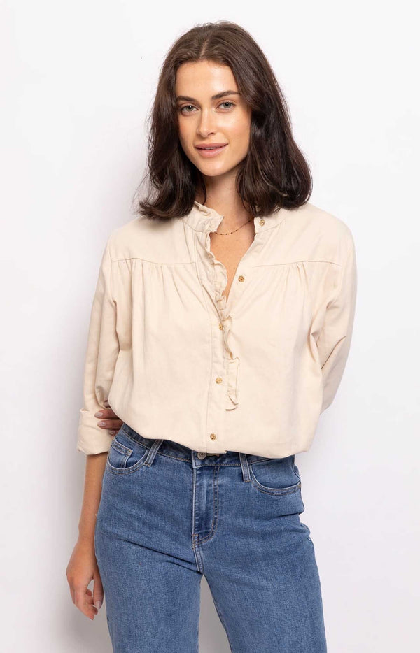 RUFFLE NECKLINE COTTON SHIRT GOLD BUTTONS FRENCH FASHION - VOLANGE PARIS