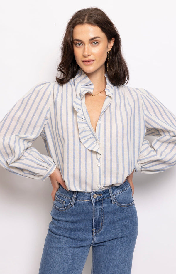 RUFFLE TRIM COTTON STRIPED BUTTON DOWN SHIRT FRENCH FASHION - VOLANGE PARIS