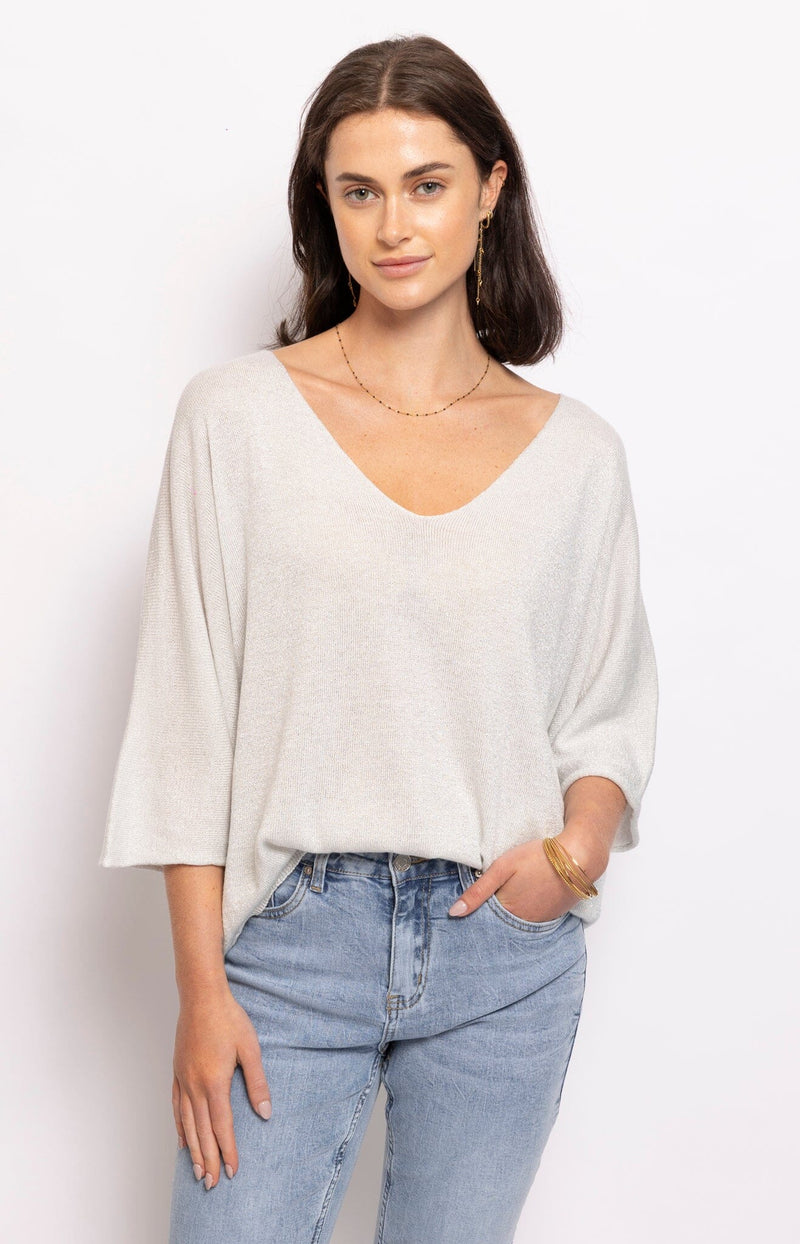 TOP SPRING LUREX WHITE SHIMMERY FINE KNIT FRENCH FASHION - VOLANGE PARIS