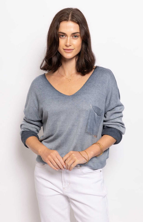 SOOFT SLIM FINE KNIT SHIMMERY GOLD LIGHT BLUE FRENCH FASHION - VOLANGE PARIS