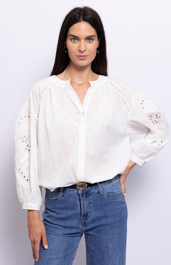 100% COTTON WHITE BLOUSE EYELET EMBROIDERY FRENCH FASHION - VOLANGE PARIS