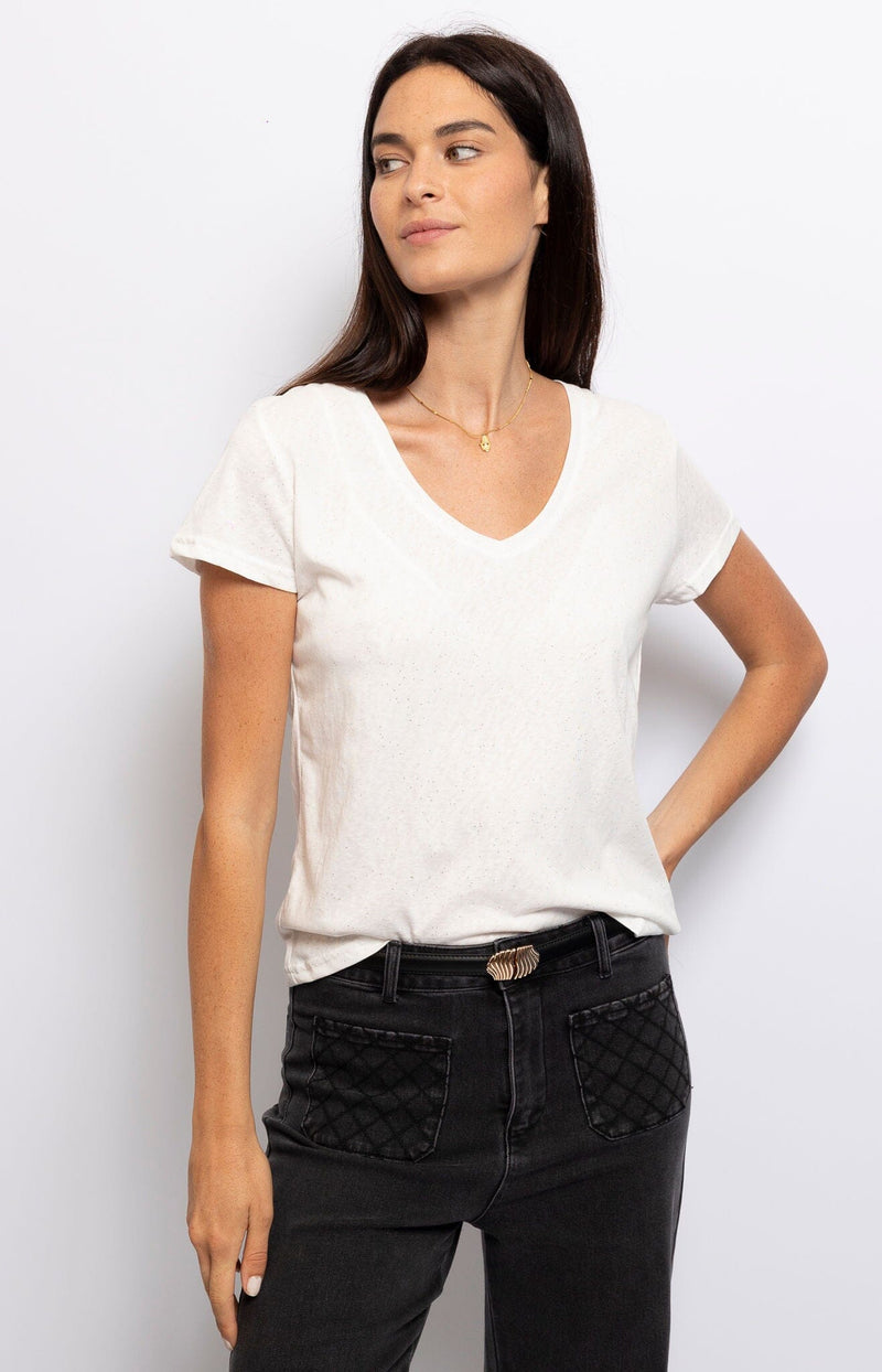 WHITE T-SHIRT TINY GOLD SPARKLES FRENCH FASHION - VOLANGE PARIS