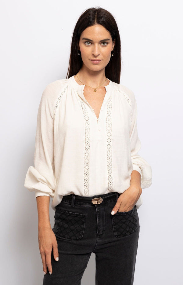 FEMININE LACE TRIM OFFF WHITE BLOUSE FRENCH FASHION - VOLANGE PARIS