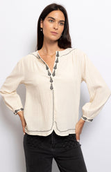 100% COTTON BLOUSE OFF WHITE GEOMETRIC EMBROIDERY FRENCH FASHION - VOLANGE PARIS