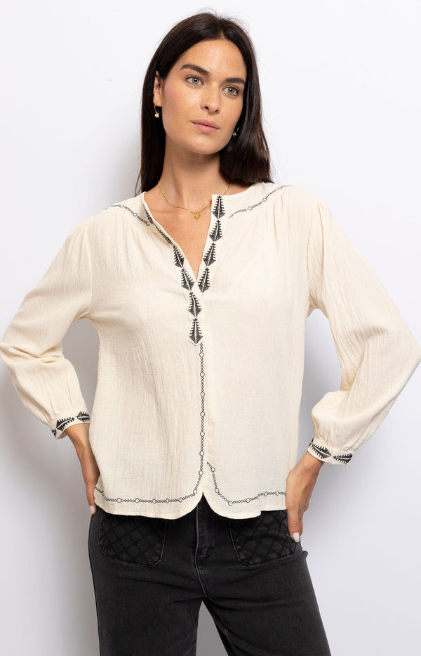 100% COTTON BLOUSE OFF WHITE GEOMETRIC EMBROIDERY FRENCH FASHION - VOLANGE PARIS