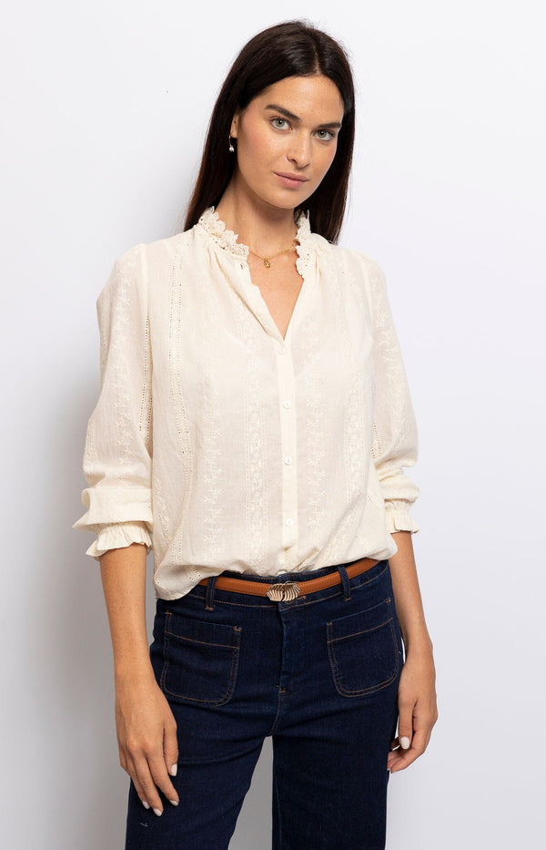 SOFT CREAM 100% COTTON BLOUSE LACE TRIMMED NECKLINE FRENCH FASHION - VOLANGE PARIS
