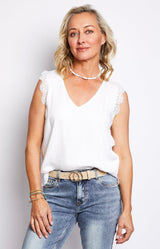 WHITE V-NECK TOP NO SLEEVES WITH FRILLS