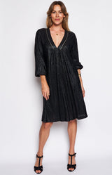 deep V-neckline dress shimmering black knee lenght french fashion - volange paris