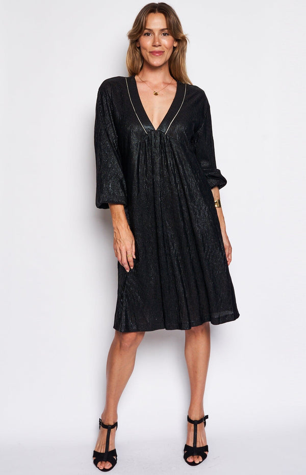 deep V-neckline dress shimmering black knee lenght french fashion - volange paris
