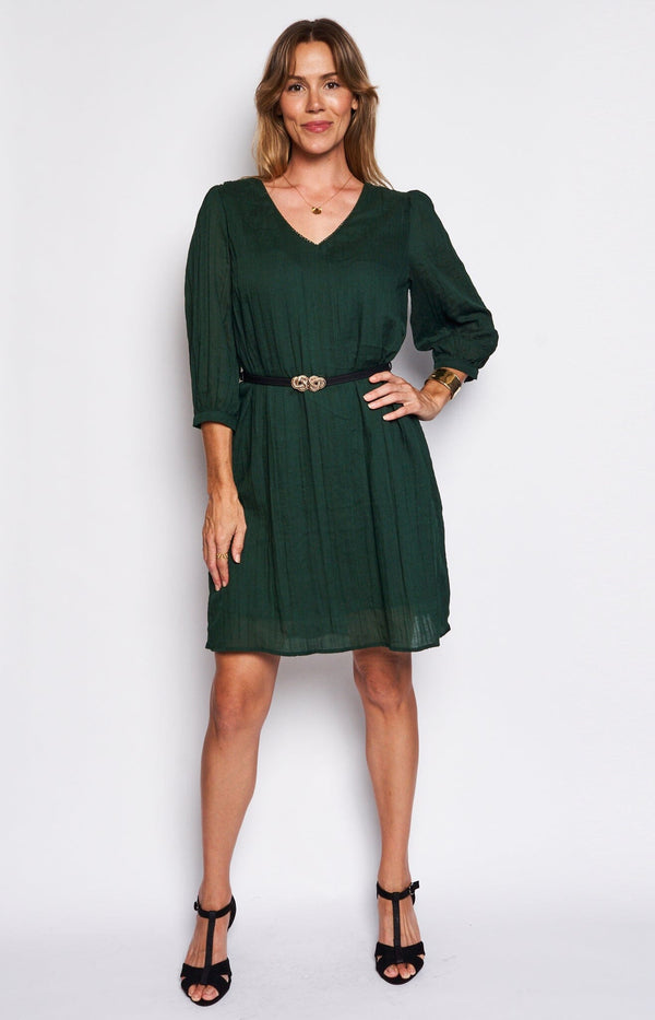 V-neck green dress, gold piping details, 3/4 sleeves, Pleated fabric with lining above knee length french fashion - volange paris