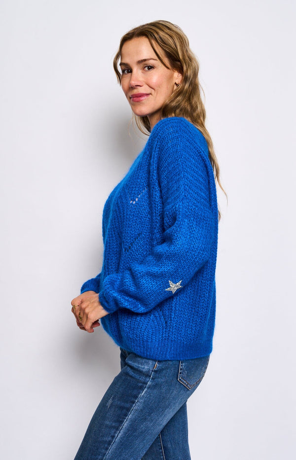 elegant wool blend lace style boat neck jumper cobalt silver star on each elbow french fashion - volange paris