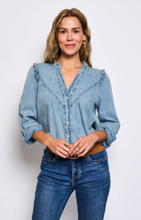 light denim shirt frill neck 100% cotton french fashion - volange paris 