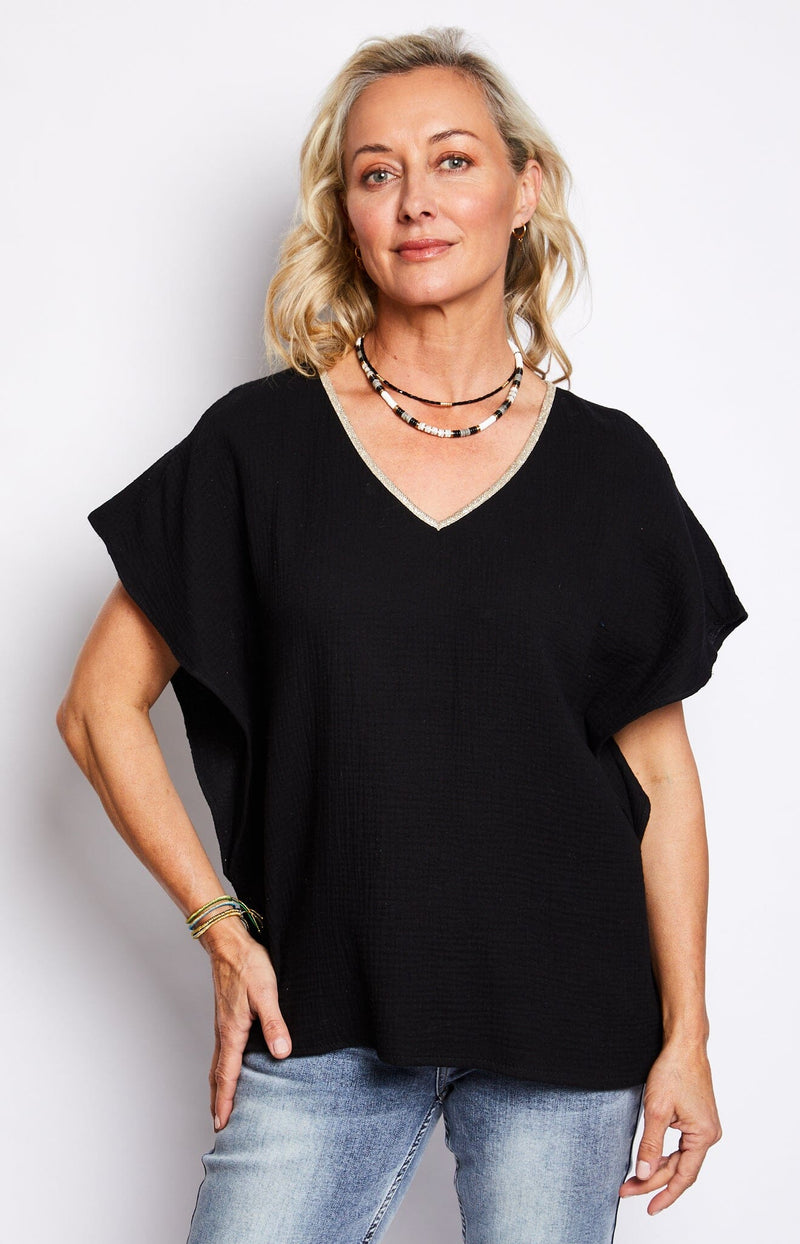 Versatile Black V-Neck Cotton Top with Gold Piping
