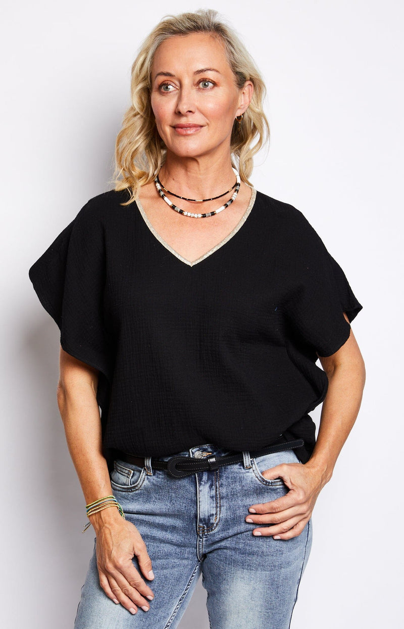 Versatile Black V-Neck Cotton Top with Gold Piping