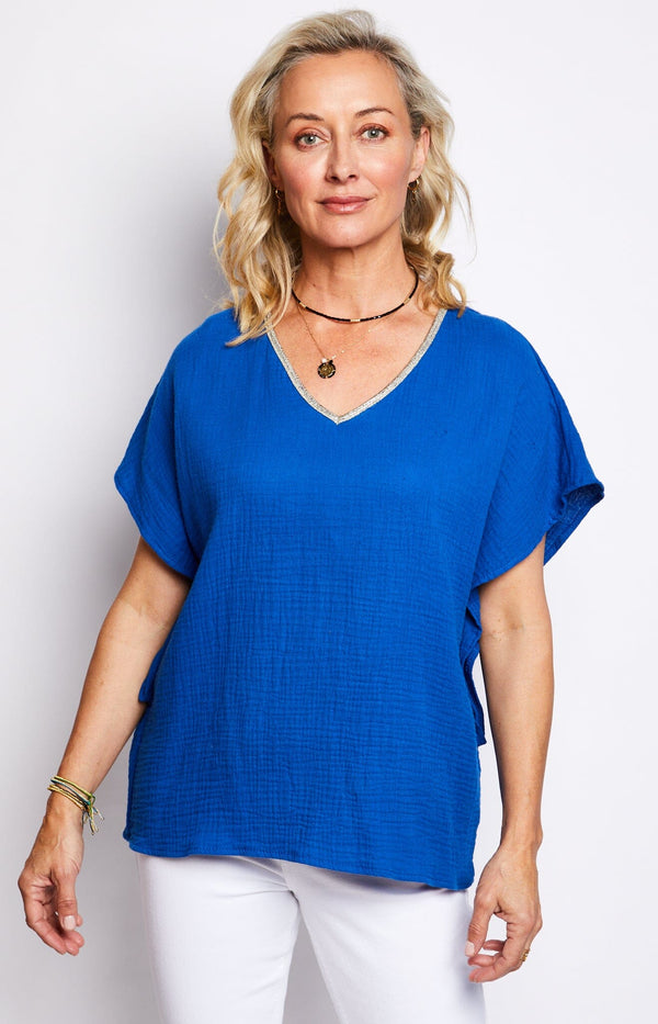 Versatile V-Neck Cotton Top with Gold Piping