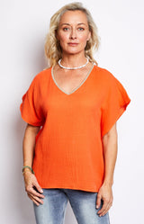 Versatile orange V-Neck Cotton Top with Gold Piping