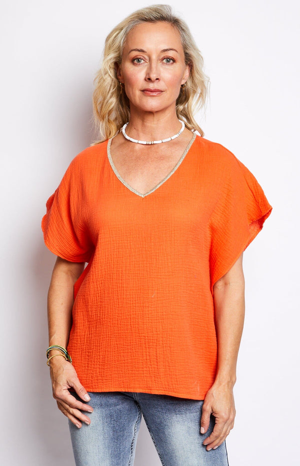 Versatile orange V-Neck Cotton Top with Gold Piping