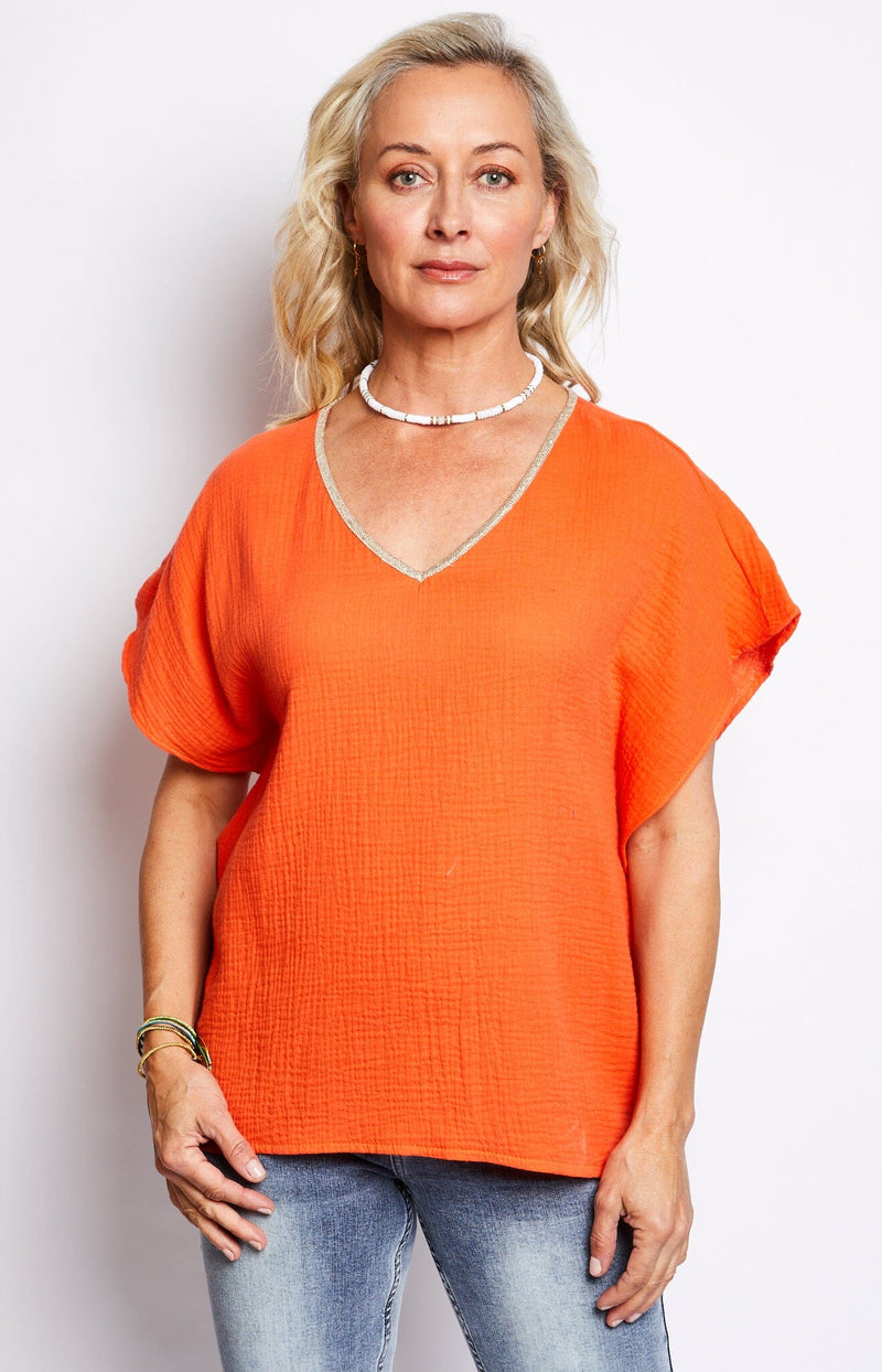 Versatile orange V-Neck Cotton Top with Gold Piping