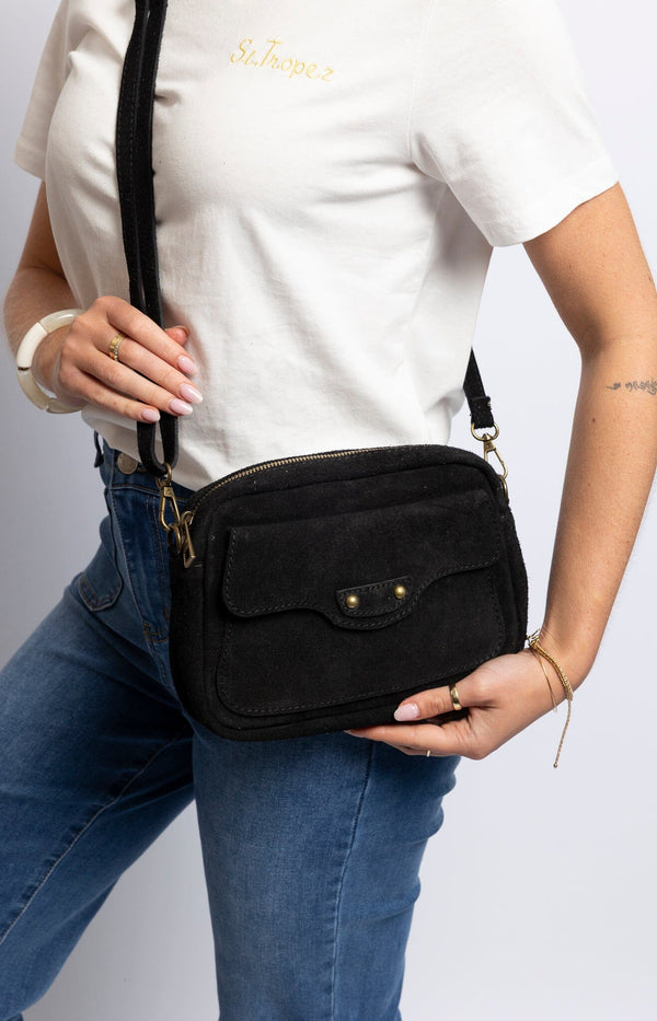 Black leather crossbody bag with adjustable strap– Chic French fashion accessory from Volange Paris