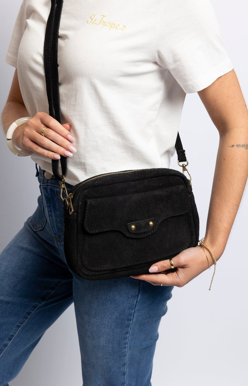 Black leather crossbody bag with adjustable strap– Chic French fashion accessory from Volange Paris