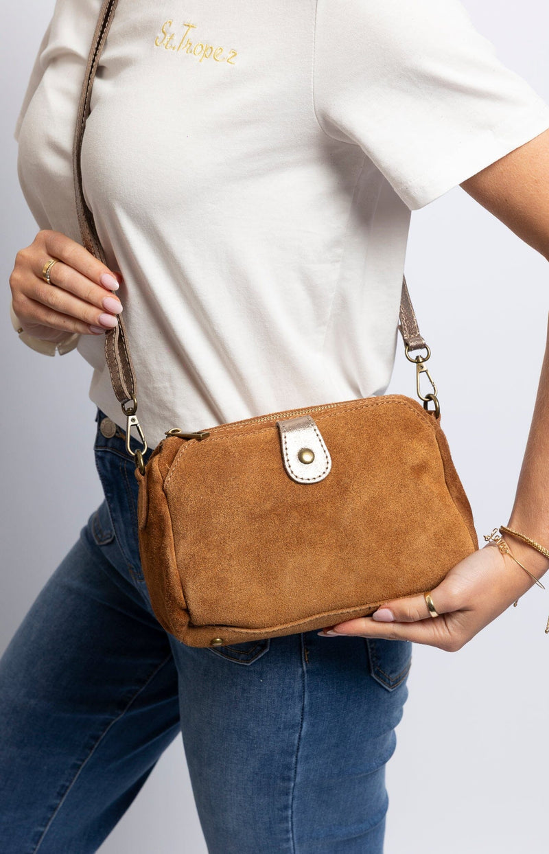 Tan leather crossbody bag with adjustable strap – Classic French fashion accessory from Volange Paris