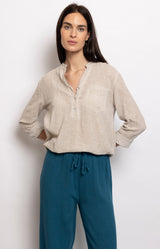 Relaxed beige cotton shirt with buttoned neckline – wardrobe essential French fashion by Volange Paris