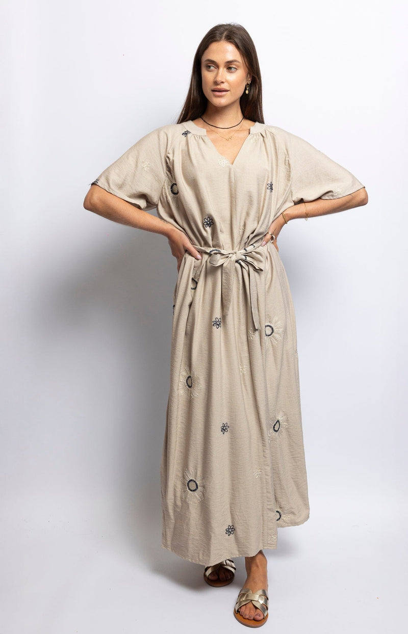 Beige embroidered cotton midi dress with belt and kimono sleeves – French summer fashion from Volange Paris
