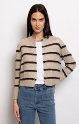 Beige cropped knit cardigan with dark brown stripes – Volange Paris, Sydney French fashion boutique (Mosman, Paddington and Bronte) and Australia-wide online.