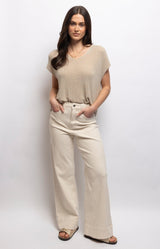 Beige wide-leg cotton pants with a flattering high waist, full-length leg and comfortable stretch – Volange Paris, Parisian fashion in Sydney (Mosman, Paddington and Bronte) or Australia-wide online.