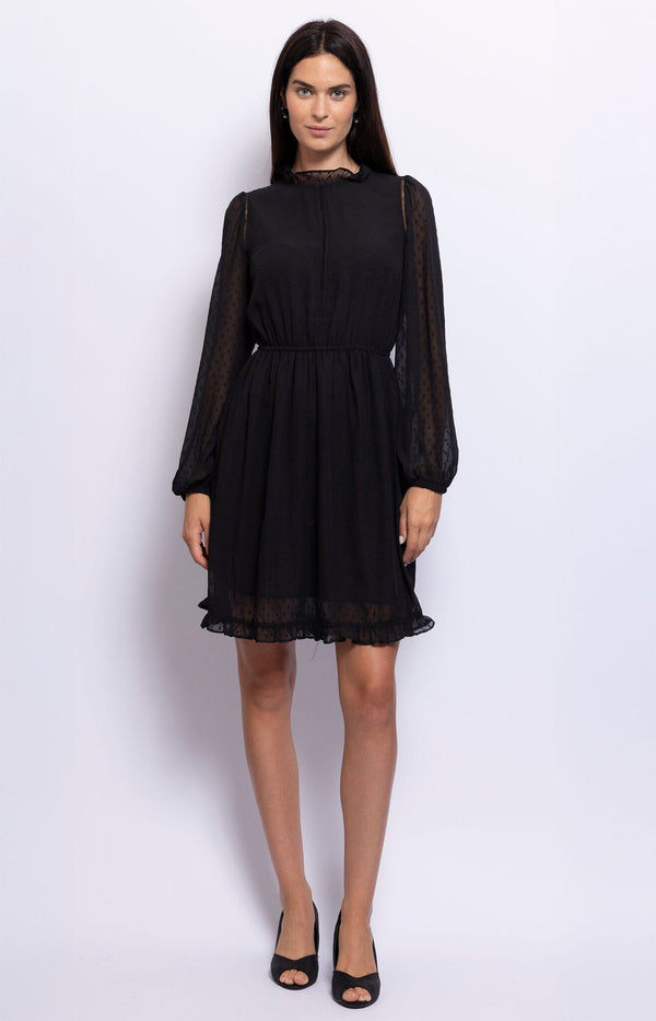 Elegant black plumetis dress with elastic waist and long sleeves – French chic look from Volange Paris