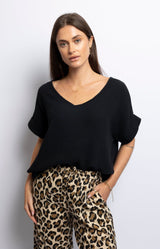 Black double gauze cotton top with V-neck and cap sleeves – wardrobe essential French fashion by Volange Paris.