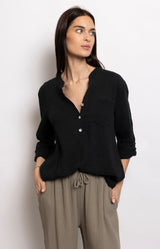 blackdouble-gauze cotton blouse with mandarin collar and 3/4 sleeves – wardrobe essential French fashion by Volange Paris.