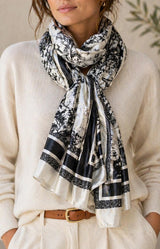 Black satin toile scarf with monochrome print and soft drape – Parisian elegance by Volange Paris, French fashion accessories in Sydney (Mosman, Paddington and Bronte) or Australia-wide online.