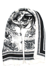 Black satin toile scarf with monochrome print and soft drape – Parisian elegance by Volange Paris, French fashion accessories in Sydney (Mosman, Paddington and Bronte) or Australia-wide online.