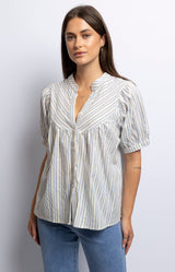 Blue and white striped cotton blouse with flattering V-neckline, puffed short sleeves, and button front – Parisian chic by Volange Collections.
