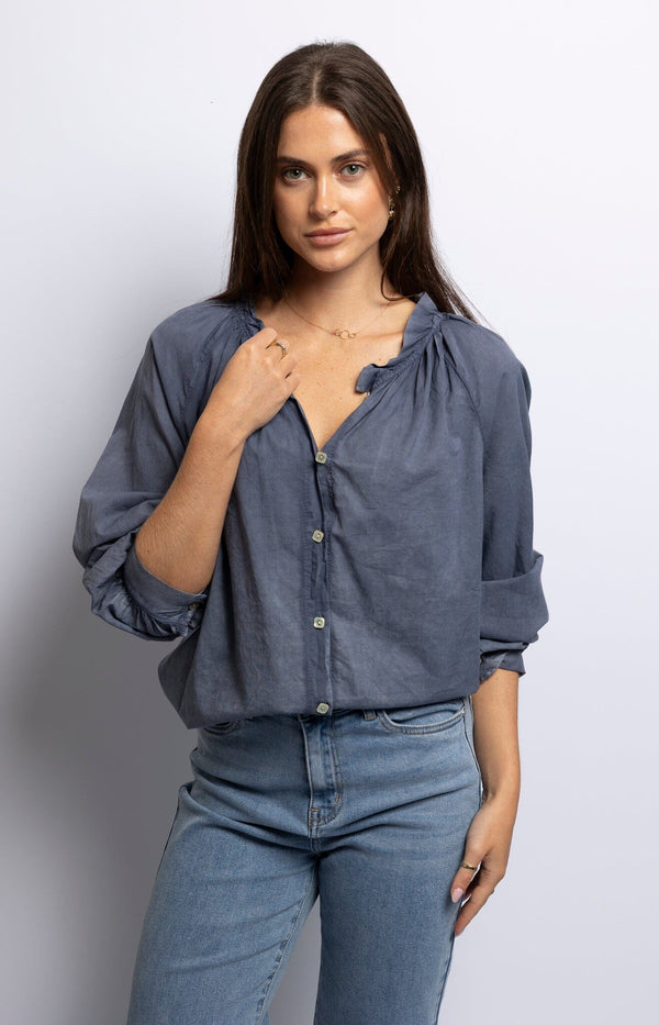 Navy cotton voile blouse with gathered neckline and flowing silhouette – French style by Volange Paris.