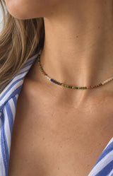 Blue green beaded stone necklace with soft natural tones, a delicate design and gold-tone details – Volange Paris, Parisian fashion in Sydney (Mosman, Paddington and Bronte) or Australia-wide online.