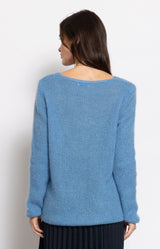 Soft sky blue mohair blend jumper with a flattering V-neckline and lightweight fluffy knit for effortless elegance – Volange Paris, Parisian fashion in Sydney (Mosman, Paddington and Bronte) or Australia-wide online.