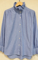 Blue stripe cotton blouse with frill collar and relaxed fit – Volange Paris, Parisian fashion in Sydney (Mosman, Paddington and Bronte) or Australia-wide online.