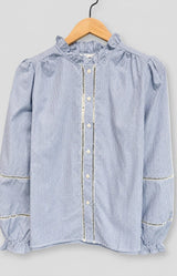 Blue striped cotton blouse with frill neckline, ladder trim details and long sleeves – Volange Paris, Parisian fashion in Sydney (Mosman, Paddington and Bronte) or Australia-wide online.