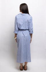 Blue and white striped shirt dress in 100% cotton with a classic collar, removable tie belt and relaxed midi fit – Volange Paris, Parisian fashion in Sydney (Mosman, Paddington and Bronte) or Australia-wide online.