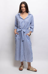Blue and white striped shirt dress in 100% cotton with a classic collar, removable tie belt and relaxed midi fit – Volange Paris, Parisian fashion in Sydney (Mosman, Paddington and Bronte) or Australia-wide online.