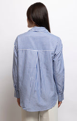 Blue and white striped shirt with a classic collar, relaxed straight fit and soft-touch fabric for effortless everyday style – Volange Paris, Parisian fashion in Sydney (Mosman, Paddington and Bronte) or Australia-wide online.
