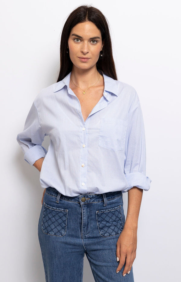 Classic blue and white striped cotton shirt – Effortless Parisian wardrobe staple from Volange Paris